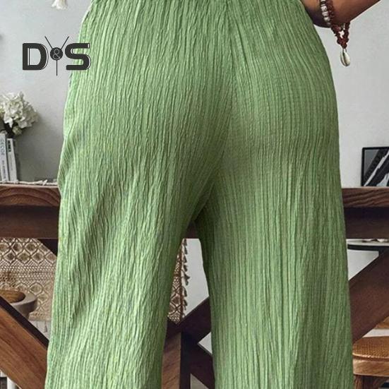 Women Summer Pants Elastic High Waist Casual Trousers with Pockets Solid Color Wrinkles Loose Fit Pants