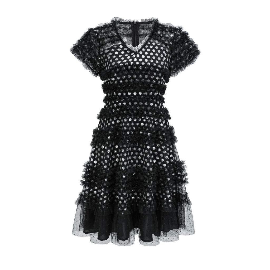 Sweet and Cute Shiny Dress Heavy Craft V-neck Short-sleeved Skirt Birthday Party Skirt