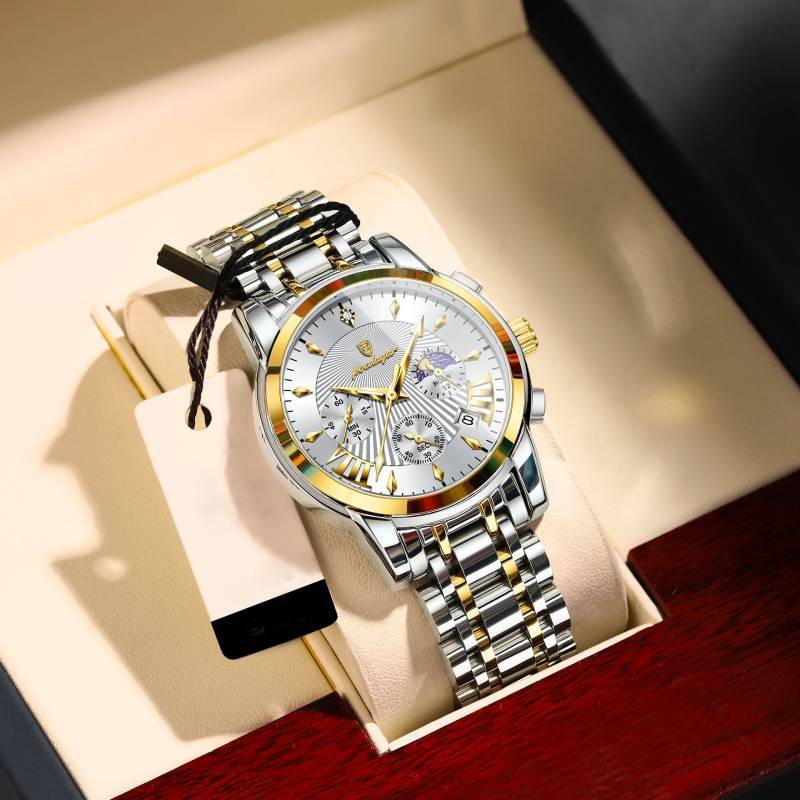 Swiss Mens Watch With Luminous Dial Moon Phase Chronograph For Sports And Casual Wear