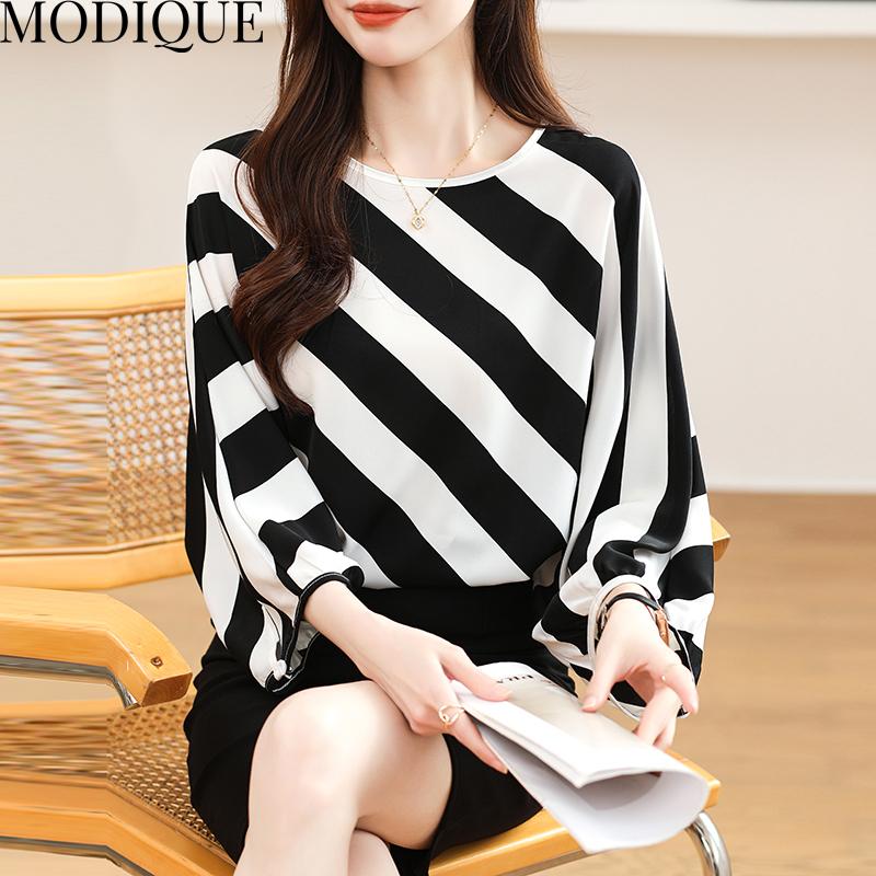 MODIQUE Printemps Été Grande Taille Femmes Casual Lâche Élégant Coton Soie Rayure Imprimé Chemisier T-Shirts Dame Mode Oversize O-cou À Manches Longues Pull