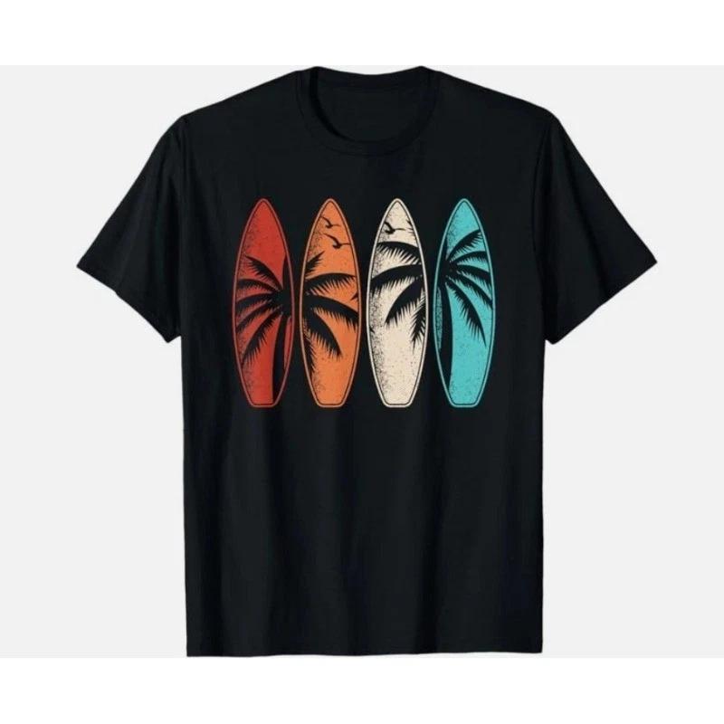 Tropical Hawaiian Surf Pattern T-Shirt Vintage Palm Tree Beach Surfboard T-Shirt S