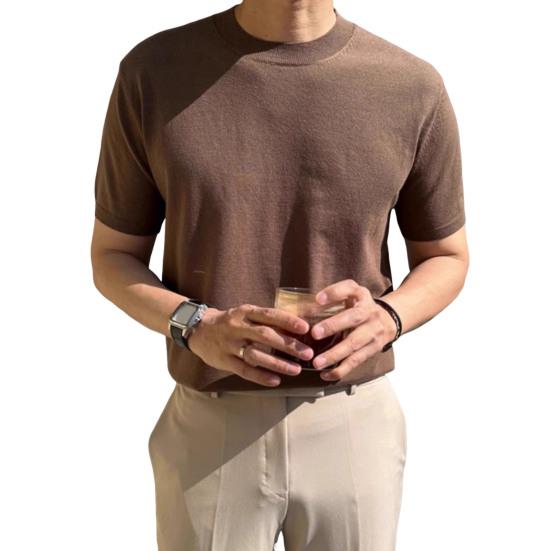 Summer Men T-Shirt Crew Neck Solid Color Short Sleeves Knitted Shirt Breathable Slim Fit Lightweight Basic Tee Casual Business Top