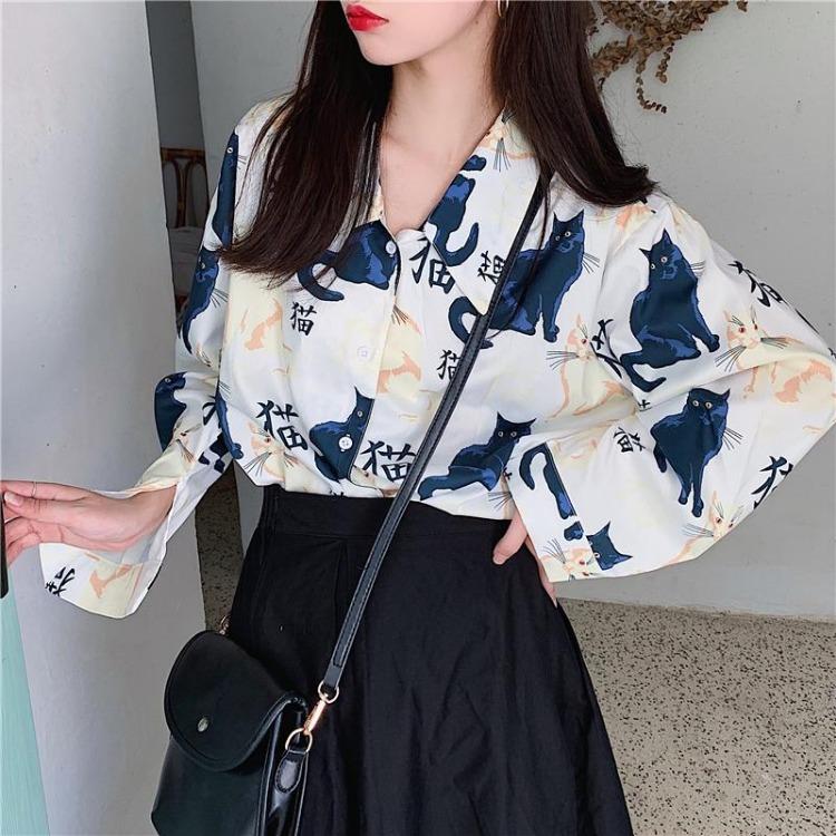

Vintage Harajuku Cat Blouse Spring Fashion Loose Long Sleeve Shirt Turn Down Collar S