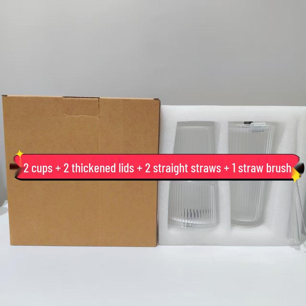 Eco-friendly Large Capacity Vertical Stripe Glass Cup with Straw