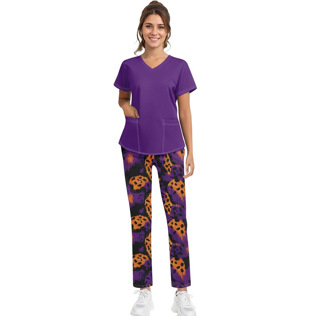 Plus SizePrinted Scrub Working Uniform Tops For Women's Cross V-Neck Halloween Print Short Sleeve Fun T-Shirts Workwear Tee With Pockets