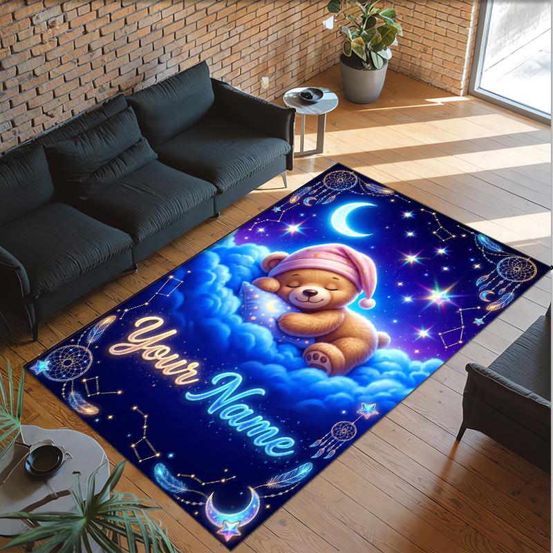 Teddy Bear Theme Crystal Velvet Rug Personalized Custom Name Text Soft Floor Mat Home Decor