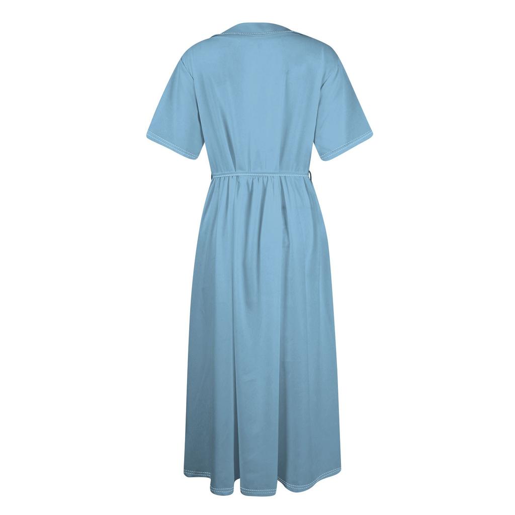 Damenmode Farbe Revers Kragen Knopf Kurzarm Kleidung Träger Kleid