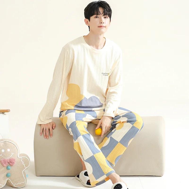 Bumbac Pulover Bărbați Pijamale Toamnă Primăvară Mâneci Lungi Articole de Noapte Set Pijama 2 Piese Bărbați