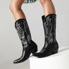 Fashion IPPEUM Silver Metallic Cowboy Boots Knee High Embroider Chunky Heel  Cowgirl Shoes Mid Calf Western Botas Cowboy Mujer