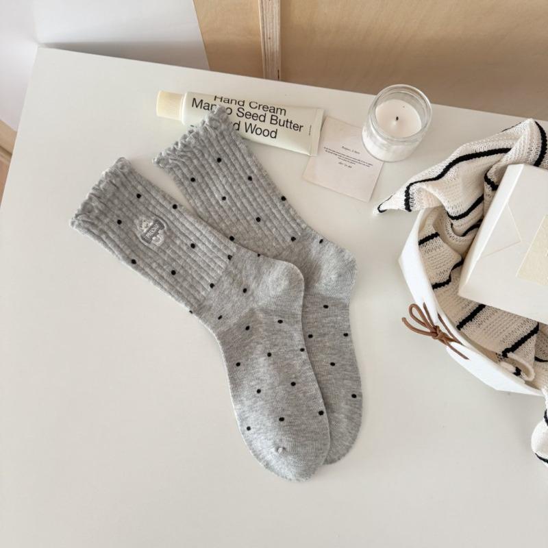 Autumn and Winter Embroidered Cat Polka Dot High Rubber Band Versatile Socks, Women's Mid-calf Socks, Bubble Mouth Lace Long Socks