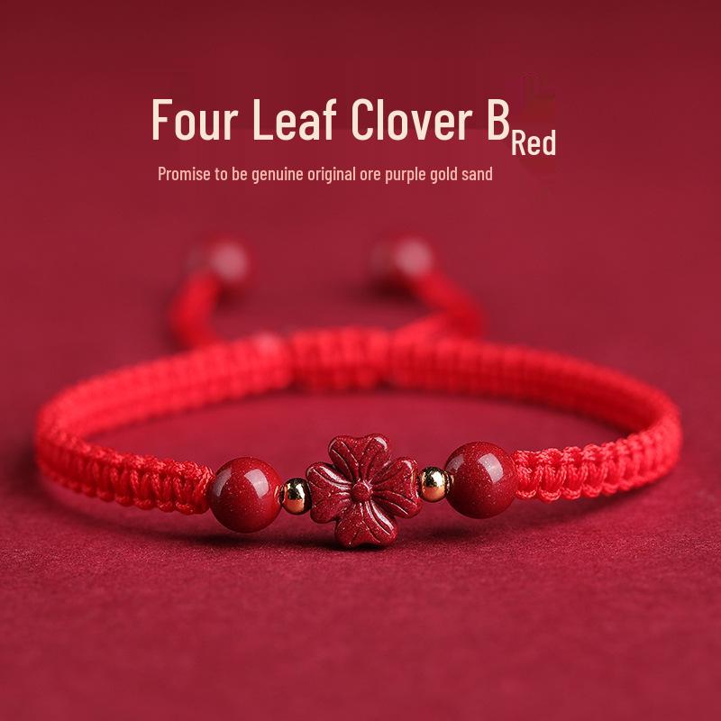 Authentic Cinnabar Four-Leaf Clover Bracelet with Purple Gold Sand and Red Rope for Women and Children