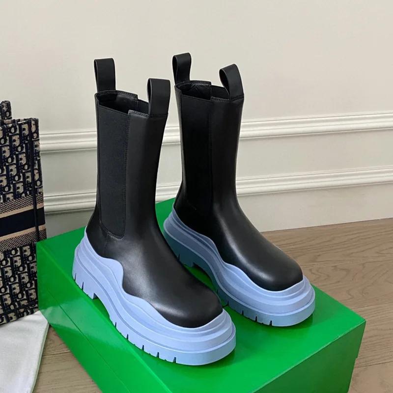 Fashion 2025 New Chelsea Boots Women/man Couple Models Platform Mid Boots Round Toe Slip On Rain Boots Leather Fashion Large Size Shoes