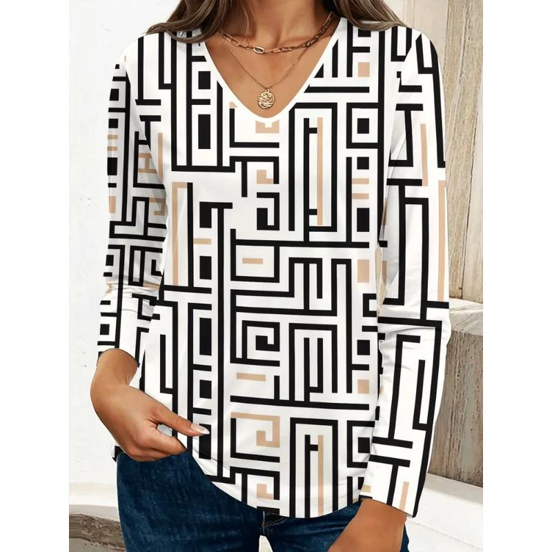Fashion Women's V-Neck Long Sleeve 3D Casual Color Printing Casual Long Sleeve V-Neck T-Shirt
