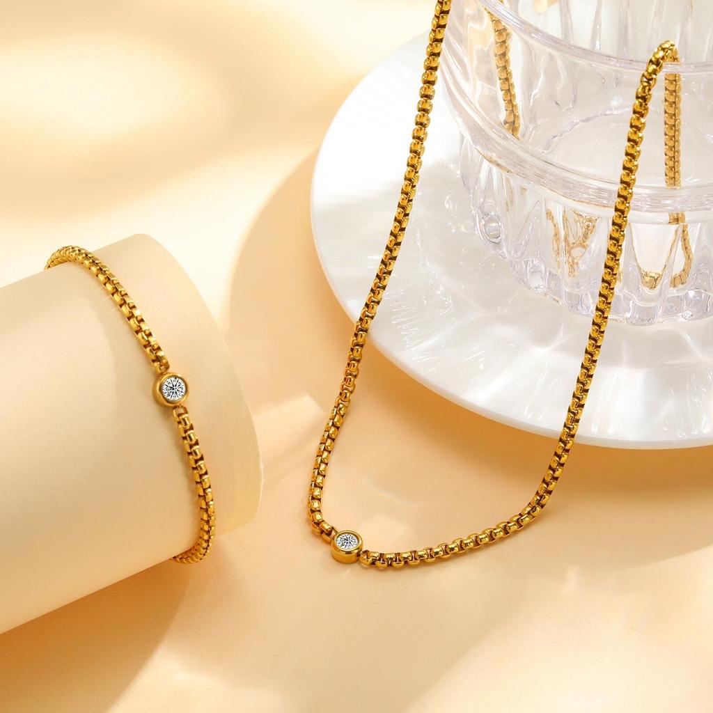 Vnox 2pcs/set Round Single Cubic Zirconia Necklace Bracelet For Women Stainless Steel Square Chain Trendy Jewelry Gifts