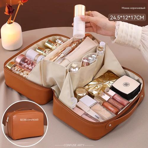 Portable Travel Makeup Bag for Women, Large Capacity Cosmetic Organizer with Brush Holder and Handle
