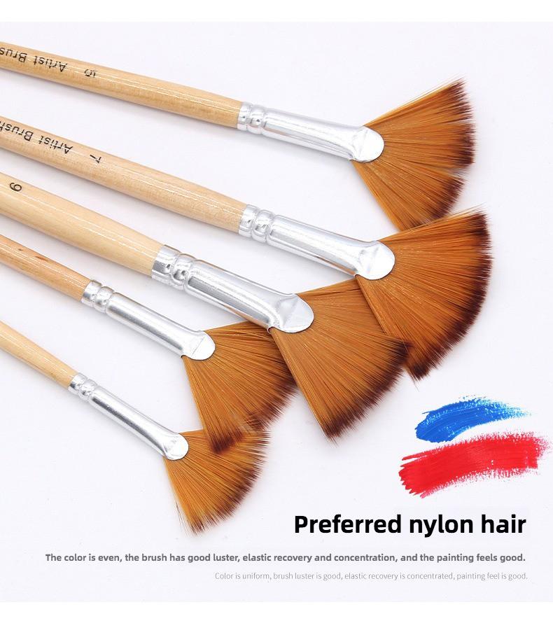 5 Pcs Sets Dual Tone Nylon Hair Paint Brushes Wooden Rod Fish Tail Fan-shaped Hand Drawn Watercolor Art Oil Painting Brushes