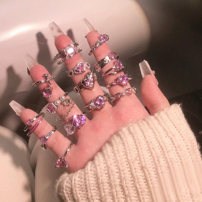 Sweet Pink Diamond Heart Adjustable Ring - Cool, Elegant, Inlaid Gems, High-End Design