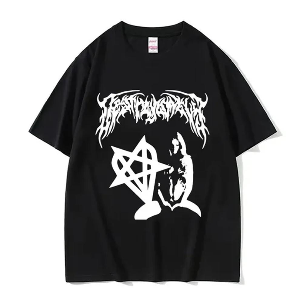 Gothic style dark 2025 pure cotton trendy T-shirt top neutral letters American messy fonts for men and women redtube logo