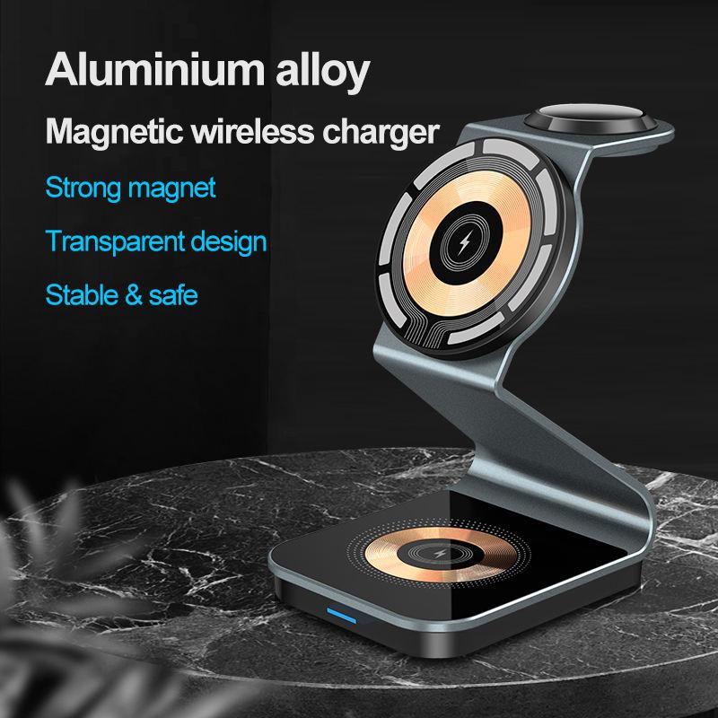 15w All In One Portable 3 In 1 Magnetic  Wireless Charger Multifunction 15W Fast Charging Dock Transparent Design Vertical Charger