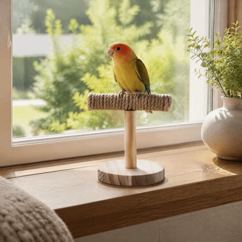 Natural Wood Bird Cage Stand T-Shape Design Quartz Sand Grip Parrot Perch Wooden Material Playground Structure Bird Play Gym