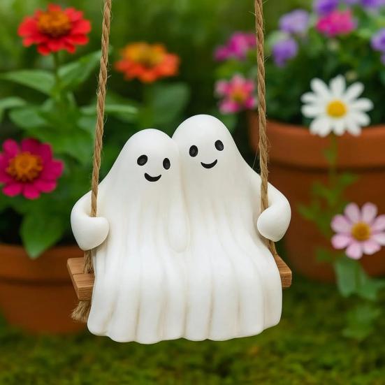 Halloween Couple Ghost Swing Statue Resin White Ghost Swinging Figurine Cute Ghost Sculpture for Garden Patio Yard Decor