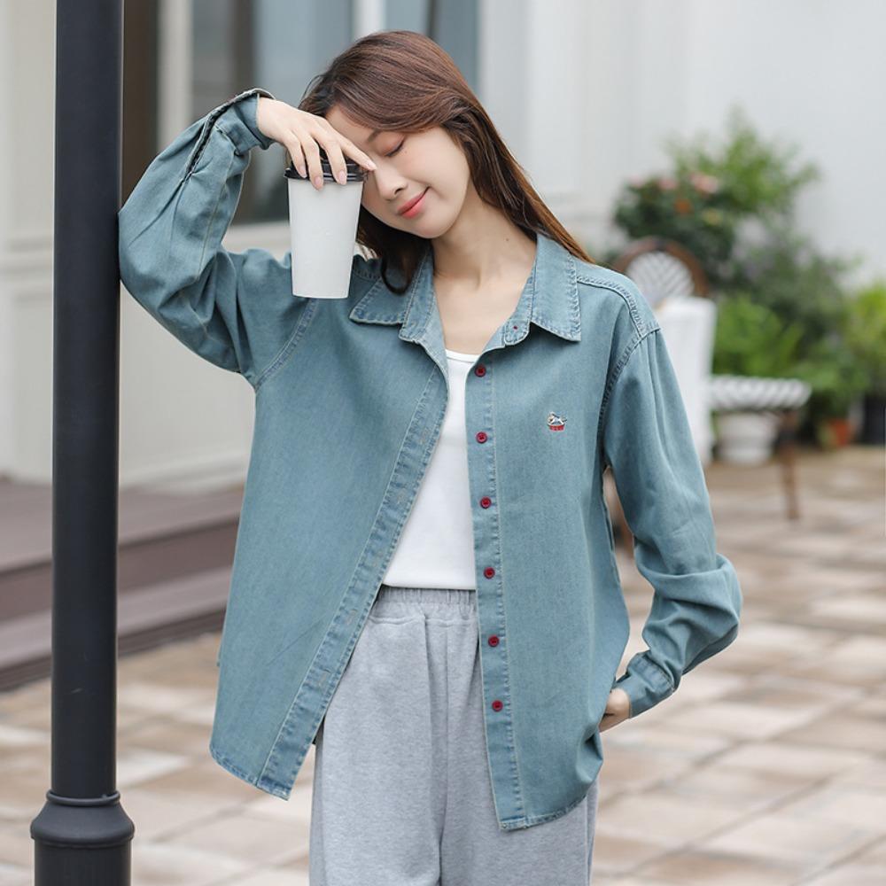 High Quality Casual Denim Shirt Women New Arrival 2025 Spring Korean Style Embroidery Basics Female Long Sleeve Tops