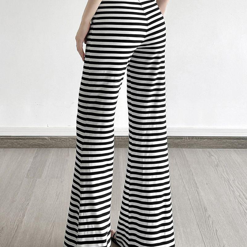 American Street Idle Style Stripe Design High Waist Lace-up Straight Bootcut Trousers Gyaru Slimming Knitted Casual Trousers
