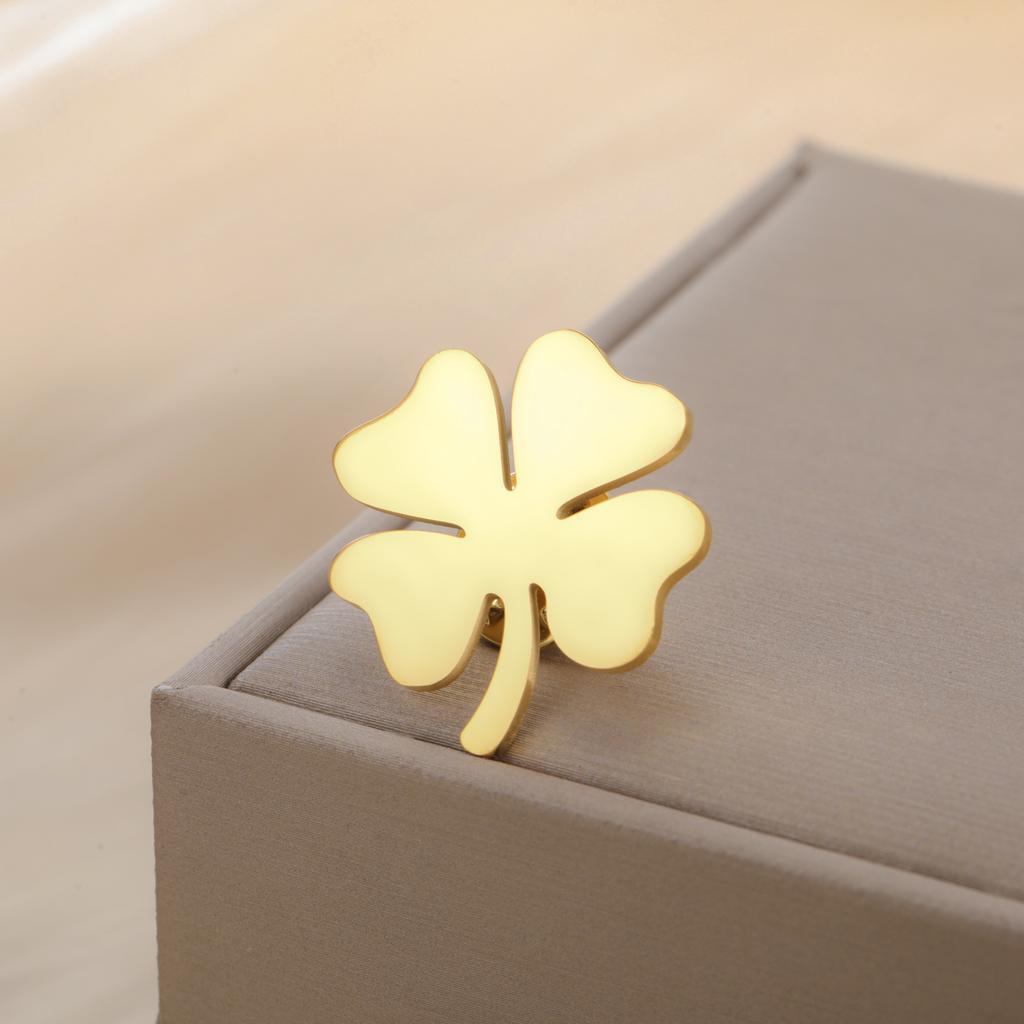 Lucky Four Leaf Clover Brooch for Women Stainless Steel Gold Suit Badge Pin Accessories Birthday Gift