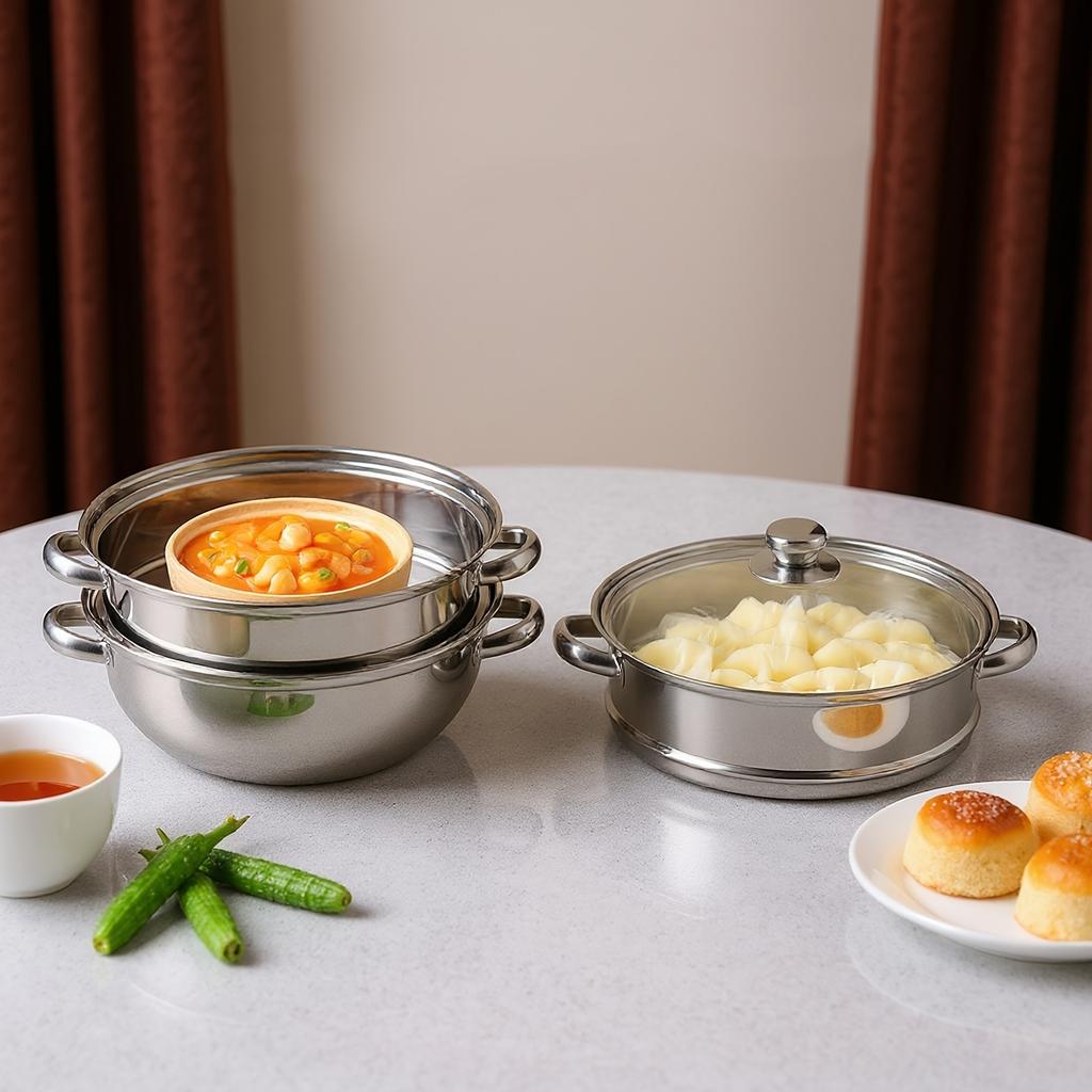 28cm Three-Layer Stainless Steel Soup Steamer | 410 Stainless Steel, Silver, with Transparent Lid, 32.5 * 25cm/12.8 * 9.84in