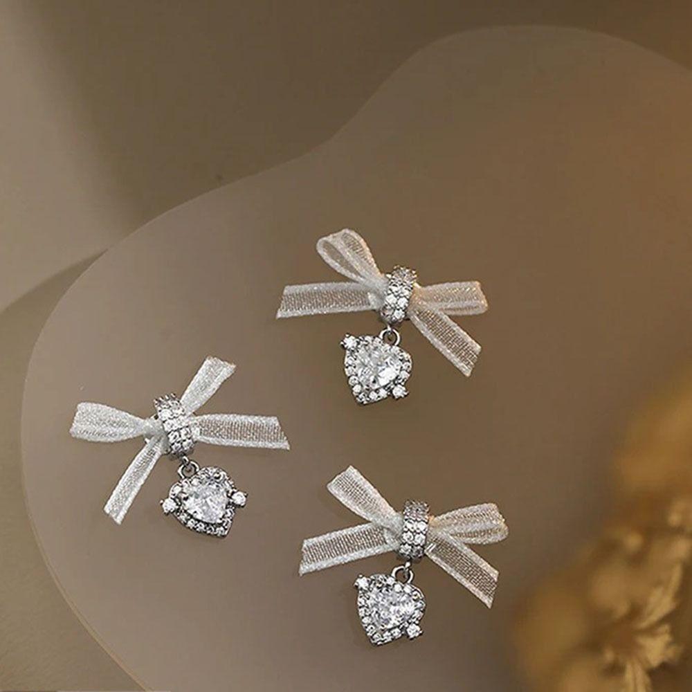 1 PCS Organza Bow Heart Zircon Pendant Nail Charms Lace Bow Love Nail Decorations  Nail Salon