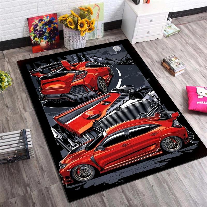 Red Supercars Night Mountain Scene Comic Print Area Rug Non‑Slip Rectangular Floor Mat Auto Enthusiast Decor for Gaming Bedroom Living Room