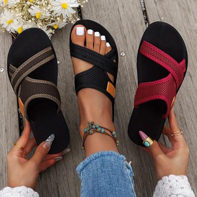 Women's Breathable Mesh Slippers Comfortable Open-toed Flats with Cross Straps, Lightweight Summer Shoes