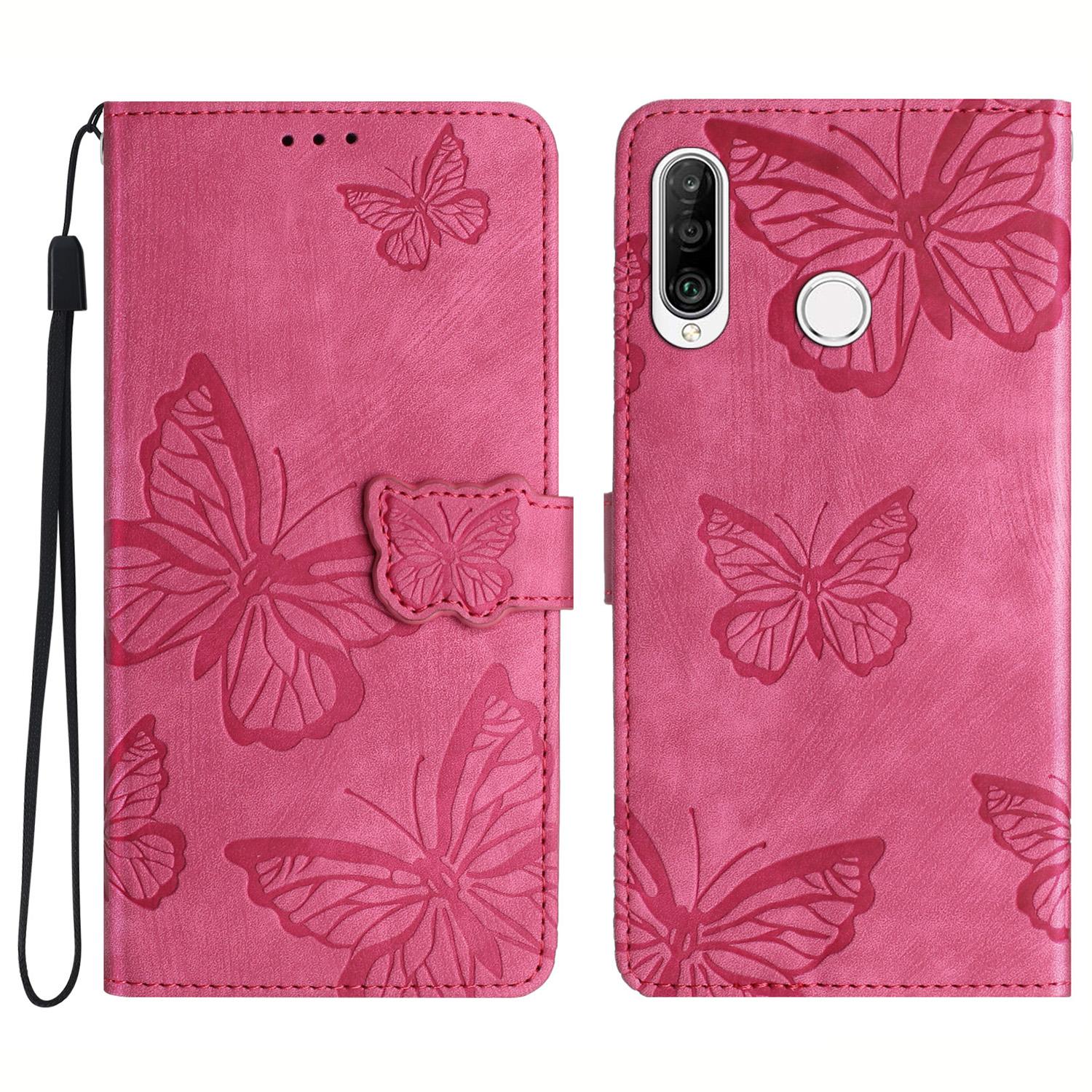 

For Huawei P30 Lite Stand Wallet Skin-touch Leather Phone Case Butterfly Imprinted Cover Rose