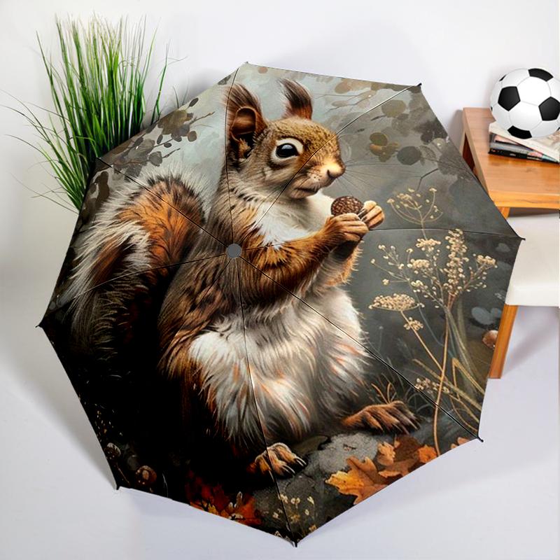 Autumn Leaves Squirrel Umbrella Automatic Open/close, Sturdy Iron Frame & 8-Rib Struct, Umbrella for Women & Men, Christmas Gift