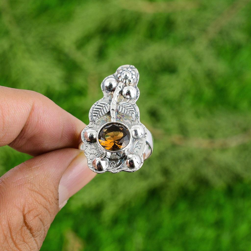 Round Citrine Gemstone Flower Stackable Bezel Ring Jewelry 925 Sterling Silver