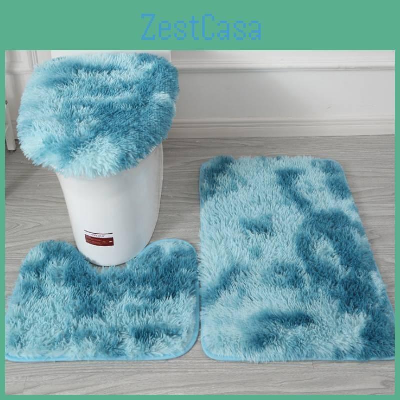Non Dye Tie Slip Mat Fluffy Plush Bathroom Toilet Seat Cover Carpet 3 Piece Set