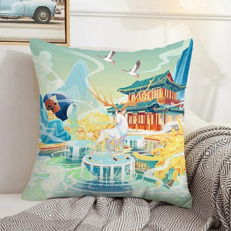 Decorative Sofa Cushion Cover 40x40 Chinese Style Landscape Pillowcase 50x50 Cushions Covers Car Decoration Pillow Home Decor