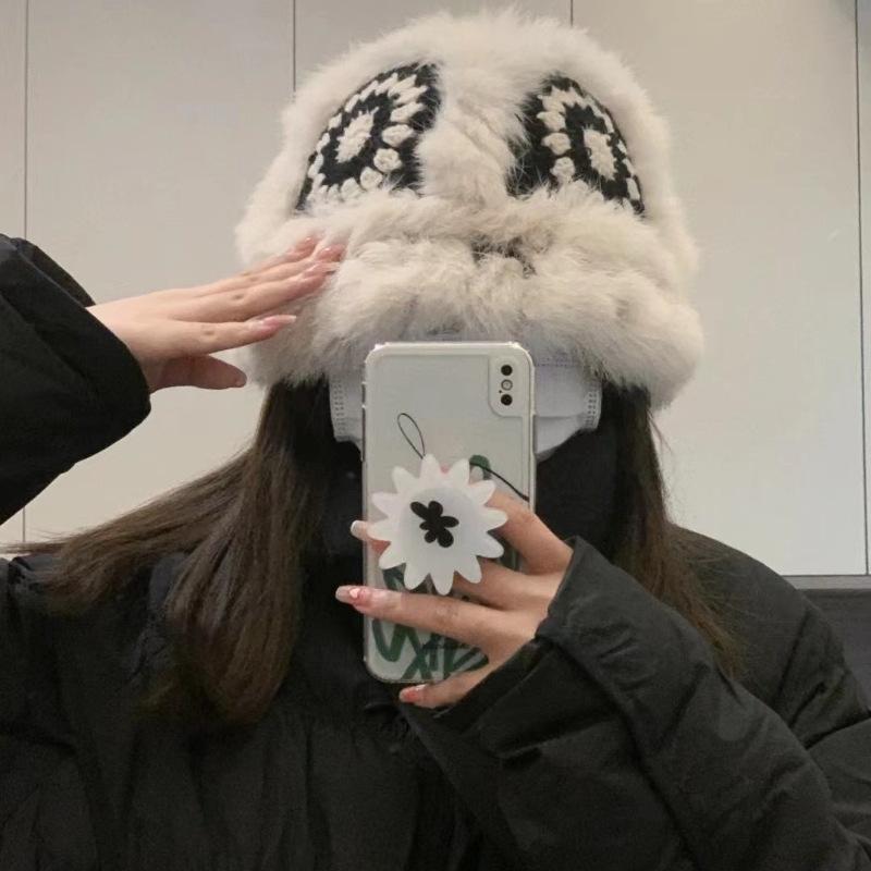 Национальный стиль кроличья шерсть львиная голова шляпа девочки сезон шляпа-ведро милая плюшевая шляпа теплая защита ушей вышивка