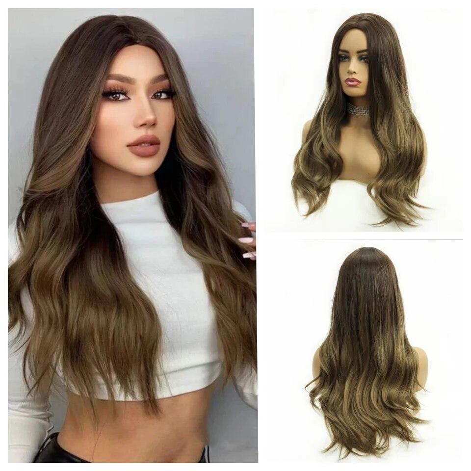 Μακριές καφέ Ombre συνθετικές περούκες για γυναίκες Φυσικά μαλλιά κυματιστές περούκες μεσαίου μέρους Γυναικεία περούκα Cosplay ανθεκτικές στη θερμότητα περούκες από ίνες