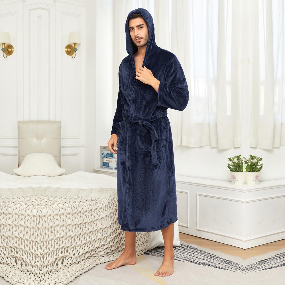 Hooded Robes for Men Full Length Spa Bathrobes Soft House Sleepwear Coat with Hood and Pockets Men's Winter Warm Plush Fleece Robe Hooded Fluffy Robes