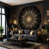 Black & Gold Mandala Tapestry, Elegant Wall Hanging with Intricate Golden Floral Pattern On Black Background, for Bedroom Decor