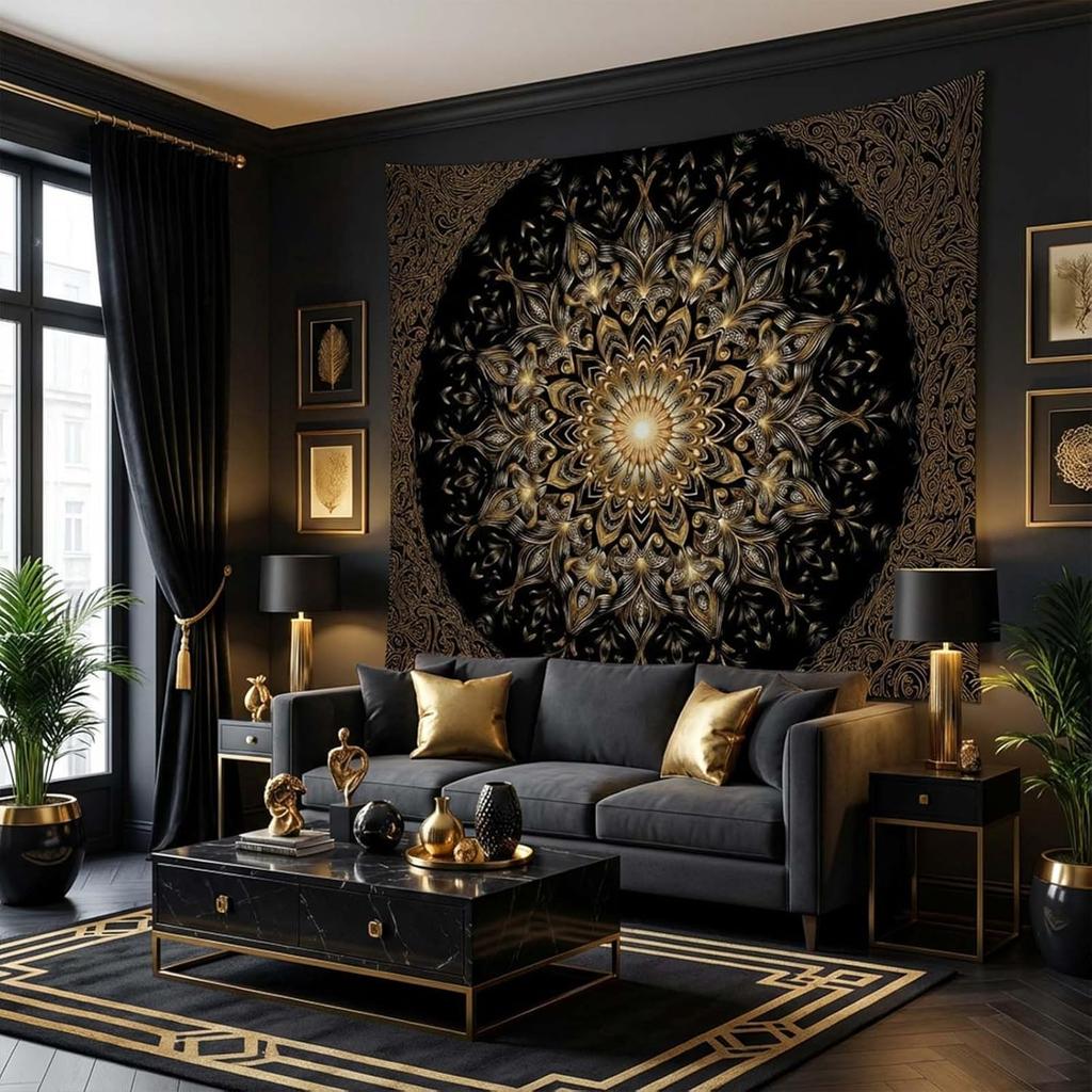 Black & Gold Mandala Tapestry, Elegant Wall Hanging with Intricate Golden Floral Pattern On Black Background, for Bedroom Decor