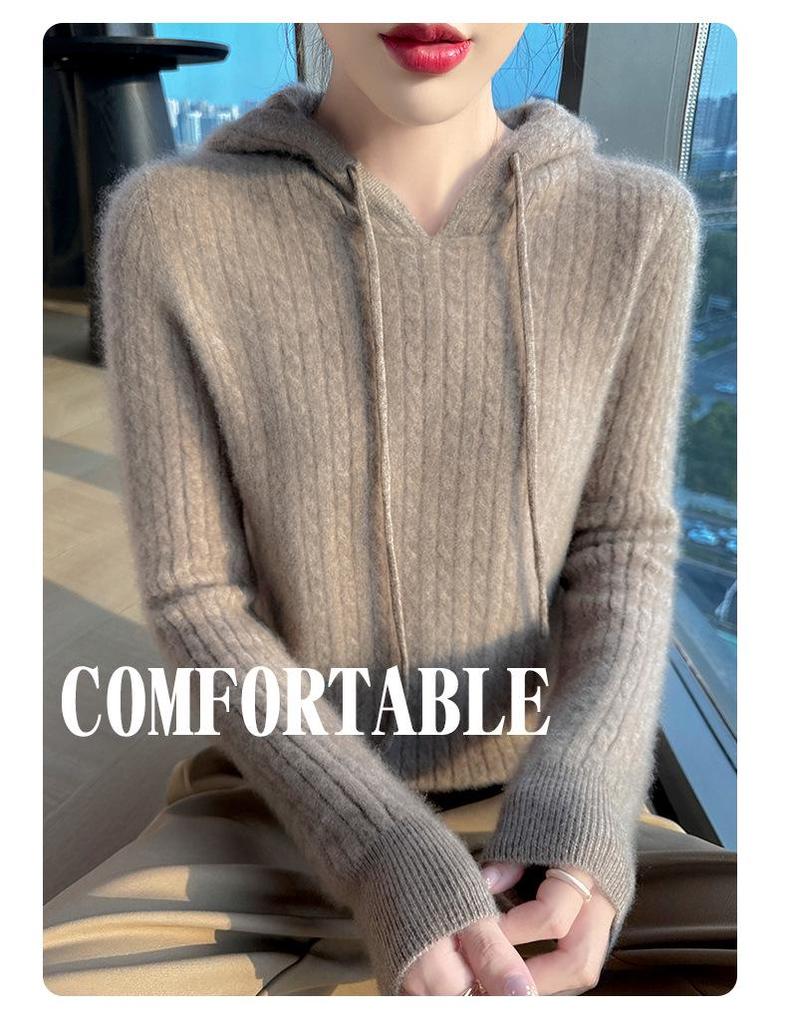 Damen Oversize Zopfstrick-Wollpullover mit Kapuze und Kordelzug: Herbst/Winter Pullover im literarischen Stil