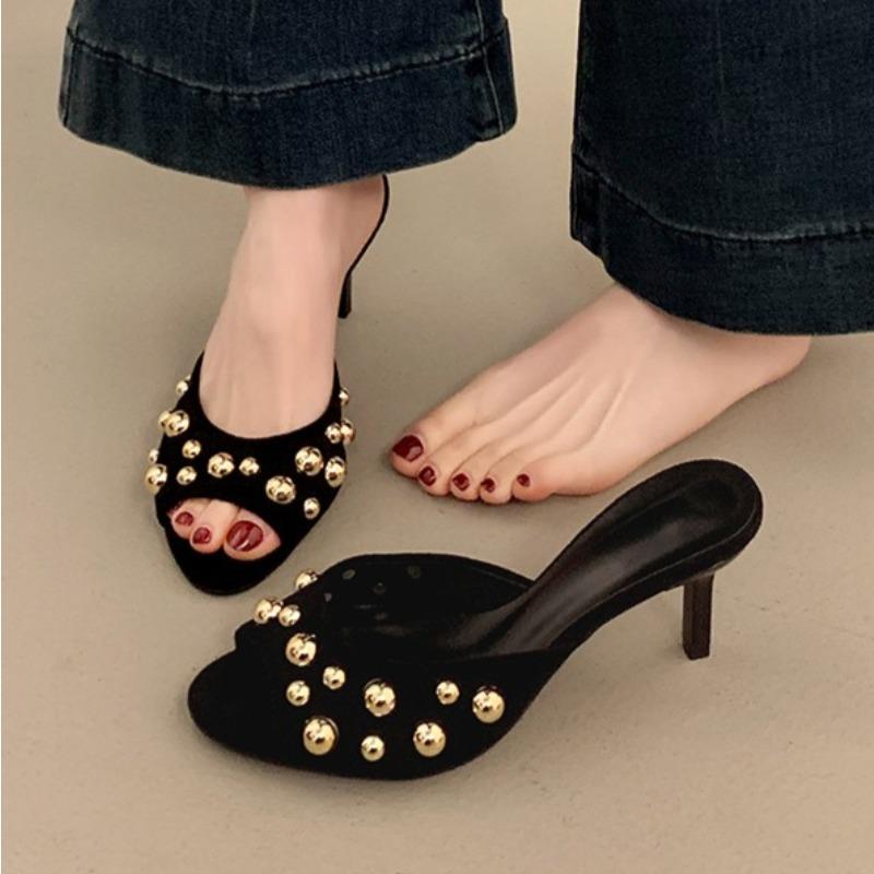 Novelty Thin Heels Peep Toes Sandalias De Mujer Crystal Square Toes Slip On Woman Slippers Solid Patent Leather Zapatos Mujer 42