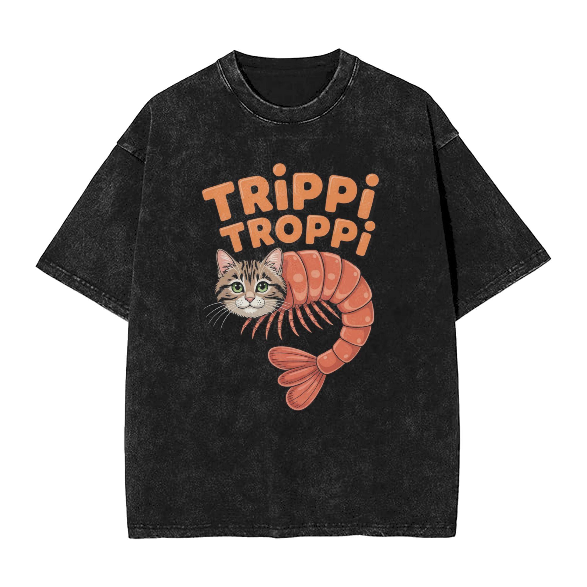 Trippi Troppi Cat Shrimp T Shirt Hip Hop Washed Cotton Oversize T-Shirts Novelty Men Women Streetwear Summer Tee Shirt S разноцветный