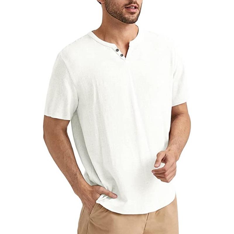 Mens Linen Cotton Henley Neck Short Sleeve Casual T Shirt M