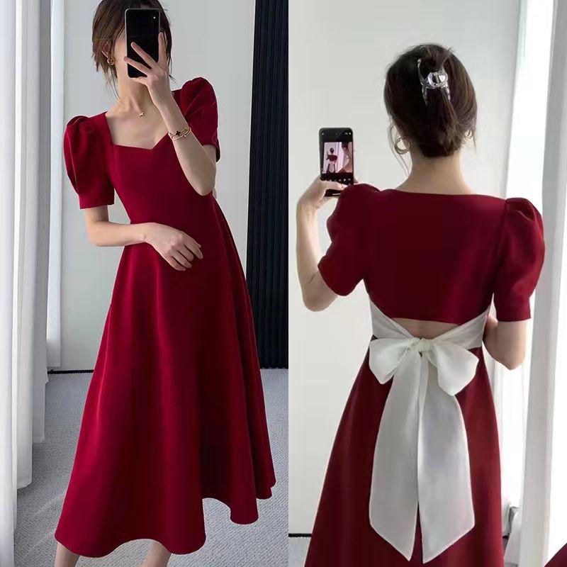 Plus Size Women's Summer Bow Back Dress - Waist-Cinching Slim Puff Sleeves Mid-Length Skirt