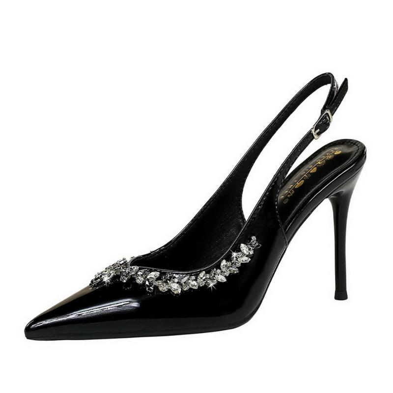 European And American Style Banquet Slim Pointed Toe Rhinestone High Heels Women Super High Heel Patent Leather Back Trip Strap