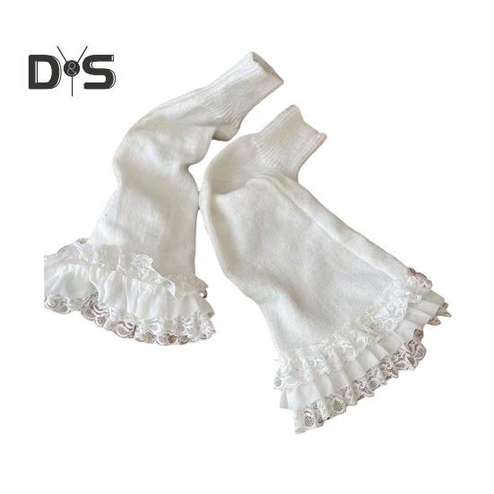 1 Pair Winter Calf Covers Lace Trim Knitted Anti-slip Solid Color Elastic Lolita Style JK Cosplay Performance Daily Wear Sports Outing Leg Warmers