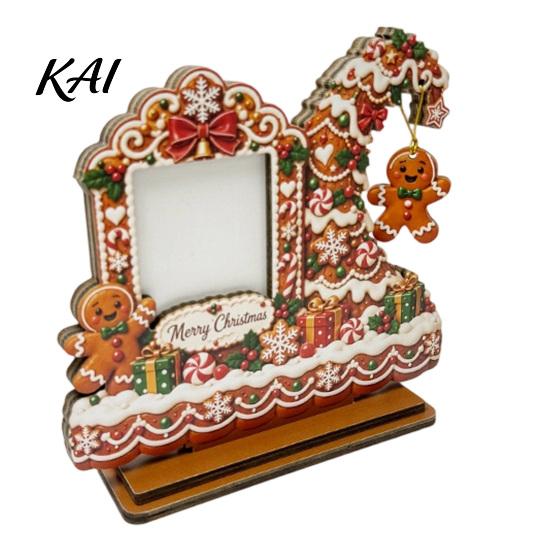 Holiday Photo Storage Christmas Wooden Frame, 2D Picture Holder with Santa Snowman & Snowflake Pendant, Family Display Frame for Home Mantel